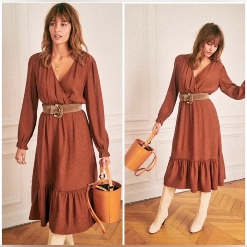 Sezane Tatiane Midi Textured Dress V-neck Ruffle Boho Quiet Luxury , size 6 US - Picture 11 of 11